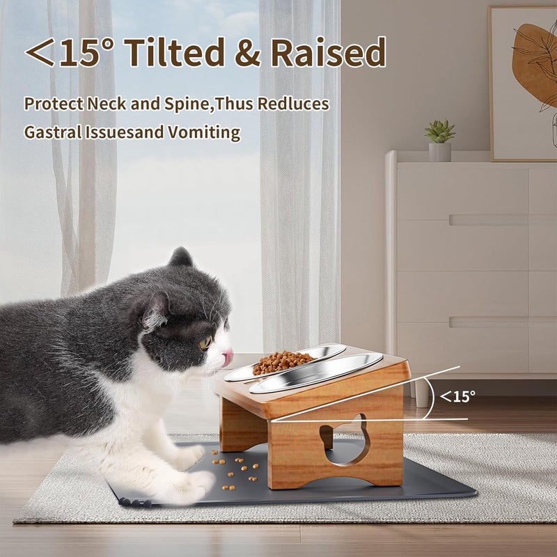 INNVVIS Elevated Cat Bowls with Silicone Mat, 15° Tilted Solid Wood Stand, Raised Stainless Steel Food & Water Dishes for Cats and Small Dogs, Anti-Vomiting Design(Natural) - Image 5